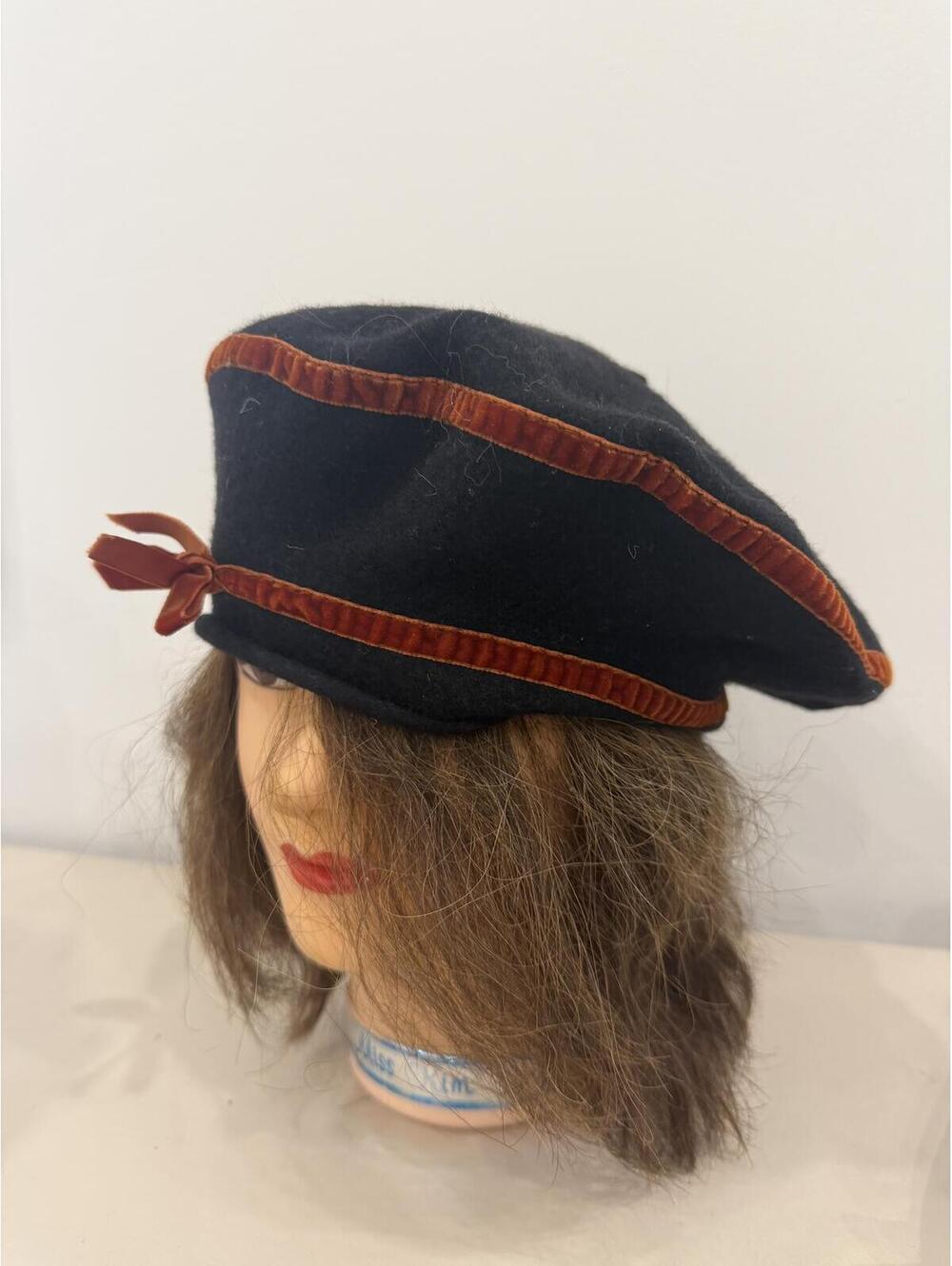 Banana Republic Black Wool Blend Cap with Rust Velvet Trim and Bow